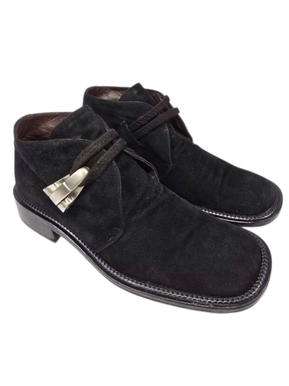 Goffredo Fantini Womens - EU 38 / US 7.5 Black Suede Ankle Boots Silver Buckle